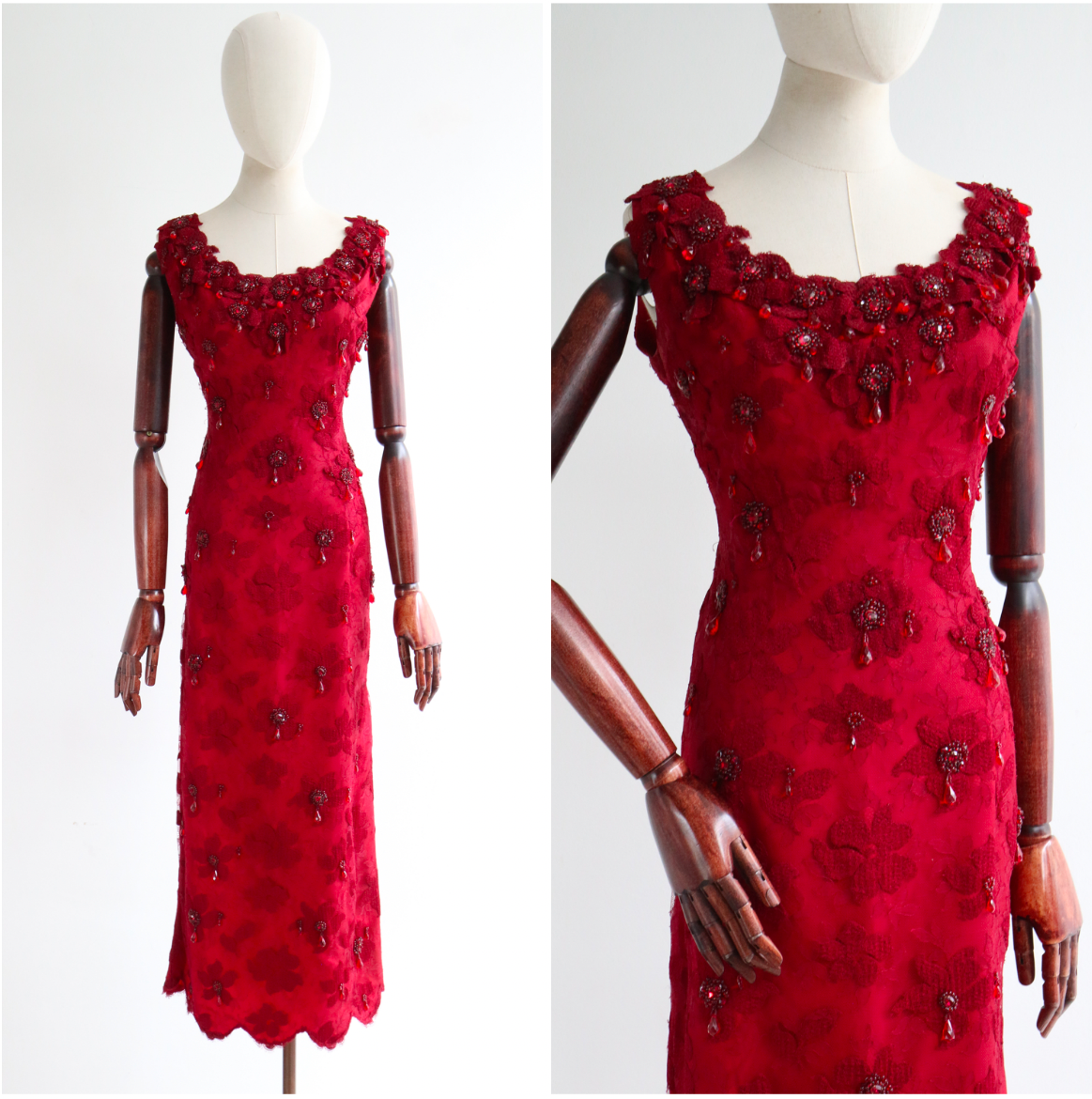 "Crimson Lace & Beadwork" Vintage 1960's Crimson Lace Beaded Dress UK