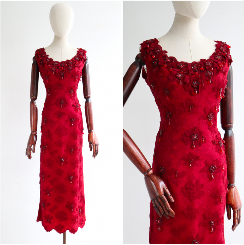 "Crimson Lace & Beadwork" Vintage 1960's Crimson Lace Beaded Dress UK 14 US 10