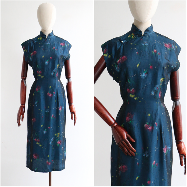 "Floral Bursts" Vintage 1950's Silk Yale Blue Floral Burst Dress UK 4-6 US 0-2