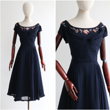 "Blush Velvet Soutache & Chiffon" Vintage 1940's Navy Blue Silk Floral Embroidered Dress UK 12 US 8