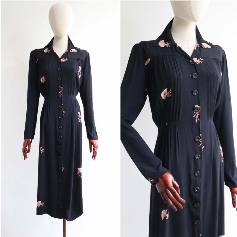 "Blush & Navy Hand Fans" Vintage 1940's Navy Blue Silk & Pink Hand Fan Dress UK 12-14 US 8-10
