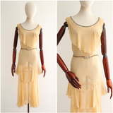 "Sesame Silk Chiffon & Rhinestones" Vintage 1920's Cream Silk Chiffon & Rhinestone Dress UK 8 US 4