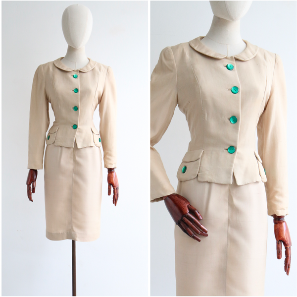 "Cream Silk & Green Details" Vintage 1960's Cream Silk & Green Button Skirt Suit UK 8 US 4