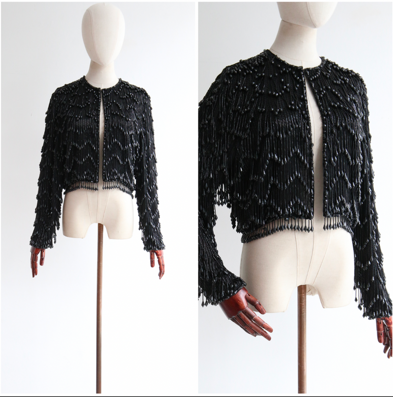 "Chevron Beaded Fringing" Vintage Late 1960's Black Beaded Fringed Jacket UK 10 US 6