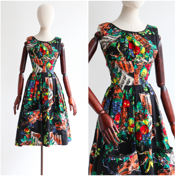 "Harvest Symphony" Vintage 1950's Novelty Print Cotton Dress UK 4-6 US 0-2