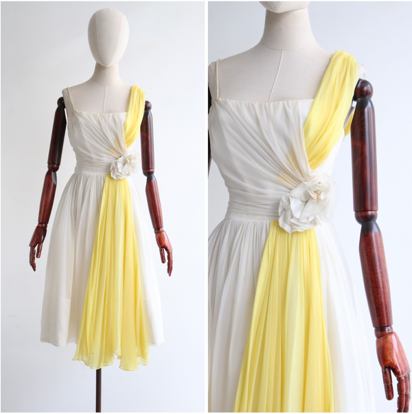 "Silk Chiffon Rose Sash" Vintage 1950's Two Tone Silk Chiffon Dress UK 6 US 2