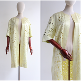 "Floral Cut Away Embroidery" Vintage 1960's Pale Yellow Floral Embroidered Coat UK 12 US 8