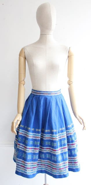 Vintage 1950's Skirt 1950's woven skirt 1950's swing skirt original 1950s revival goodwood blue woven skirt fifties pinup novelty UK 4