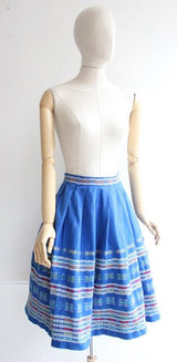 Vintage 1950's Skirt 1950's woven skirt 1950's swing skirt original 1950s revival goodwood blue woven skirt fifties pinup novelty UK 4