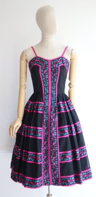 Vintage 1950's dress 1950's novelty dress 1950's fiesta dress 1950's bright pink dress silk dress 1950's neon dress 1950's swing dress UK 8