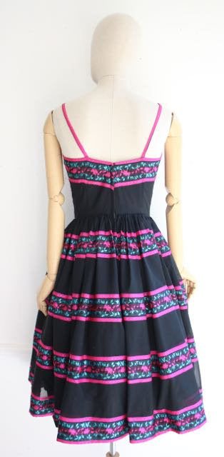 Vintage 1950's dress 1950's novelty dress 1950's fiesta dress 1950's bright pink dress silk dress 1950's neon dress 1950's swing dress UK 8