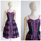 Vintage 1950's dress 1950's novelty dress 1950's fiesta dress 1950's bright pink dress silk dress 1950's neon dress 1950's swing dress UK 8