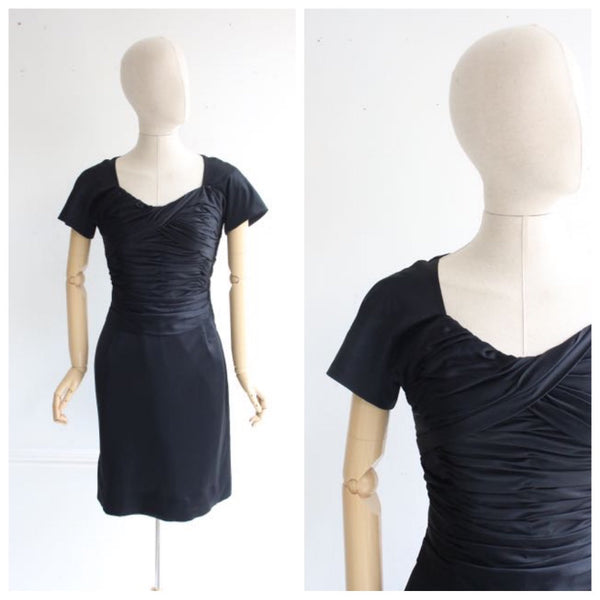 Vintage 1950's Wiggle dress 1950's black silk wiggle dress 1950's silk jersey dress fifties revival 50 black pleated dress Helen Ross UK 4-6