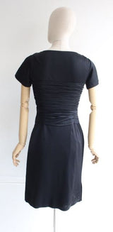 Vintage 1950's Wiggle dress 1950's black silk wiggle dress 1950's silk jersey dress fifties revival 50 black pleated dress Helen Ross UK 4-6