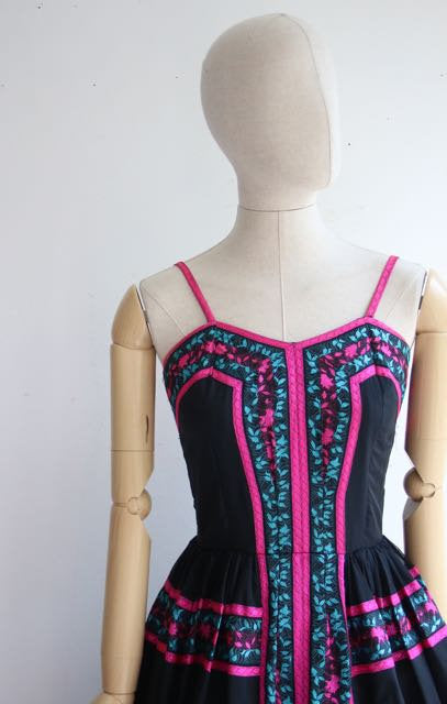 Vintage 1950's dress 1950's novelty dress 1950's fiesta dress 1950's bright pink dress silk dress 1950's neon dress 1950's swing dress UK 8