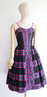 Vintage 1950's dress 1950's novelty dress 1950's fiesta dress 1950's bright pink dress silk dress 1950's neon dress 1950's swing dress UK 8