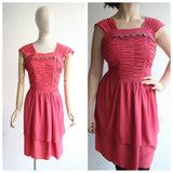 Vintage 1940's dress 1940's crepe silk dress 1940's pink dress 1940's ruched dress 1940's embroidered dress 1940's pink tiered dress UK 12