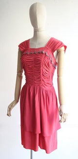Vintage 1940's dress 1940's crepe silk dress 1940's pink dress 1940's ruched dress 1940's embroidered dress 1940's pink tiered dress UK 12