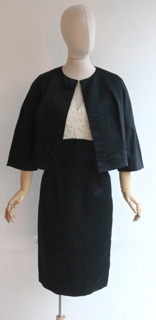 Vintage 1950's dress and jacket set vintage 1950's black satin and lace dress matching jacket silk wiggle dress suit original 50s uk 10-12