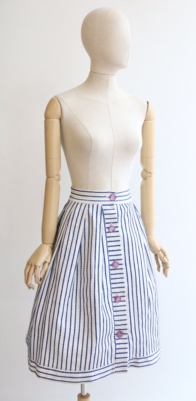 Vintage 1950's skirt original 1950s embroidered skirt navy blue and white 1950s cotton skirt original 1950s button skirt nautical UK 4 24