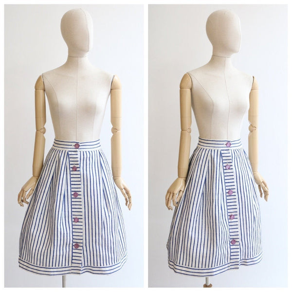Vintage 1950's skirt original 1950s embroidered skirt navy blue and white 1950s cotton skirt original 1950s button skirt nautical UK 4 24