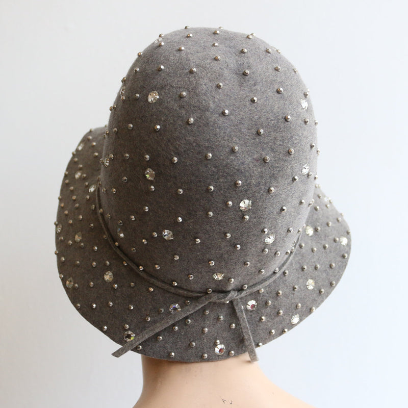 Vintage 1960's hat vintage 1960's grey felt 1960's cloche hat 1960's Adolfo hat vintage 1960s grey rhinestone prong set winter cloche hat
