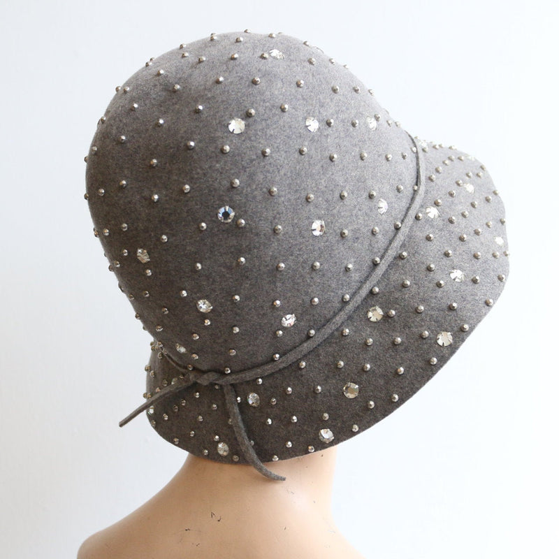 Vintage 1960's hat vintage 1960's grey felt 1960's cloche hat 1960's Adolfo hat vintage 1960s grey rhinestone prong set winter cloche hat