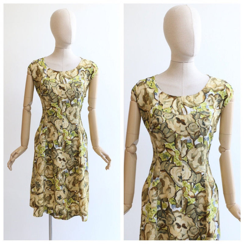 "Spring Fields" Vintage 1950's Yellow & Green Floral Silk Dress UK 14-16
