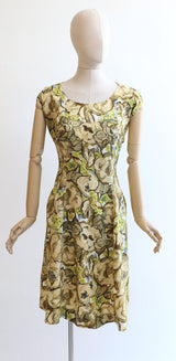 "Spring Fields" Vintage 1950's Yellow & Green Floral Silk Dress UK 14-16