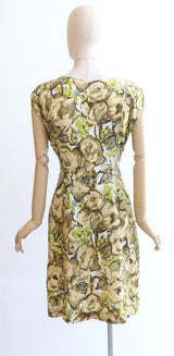 "Spring Fields" Vintage 1950's Yellow & Green Floral Silk Dress UK 14-16