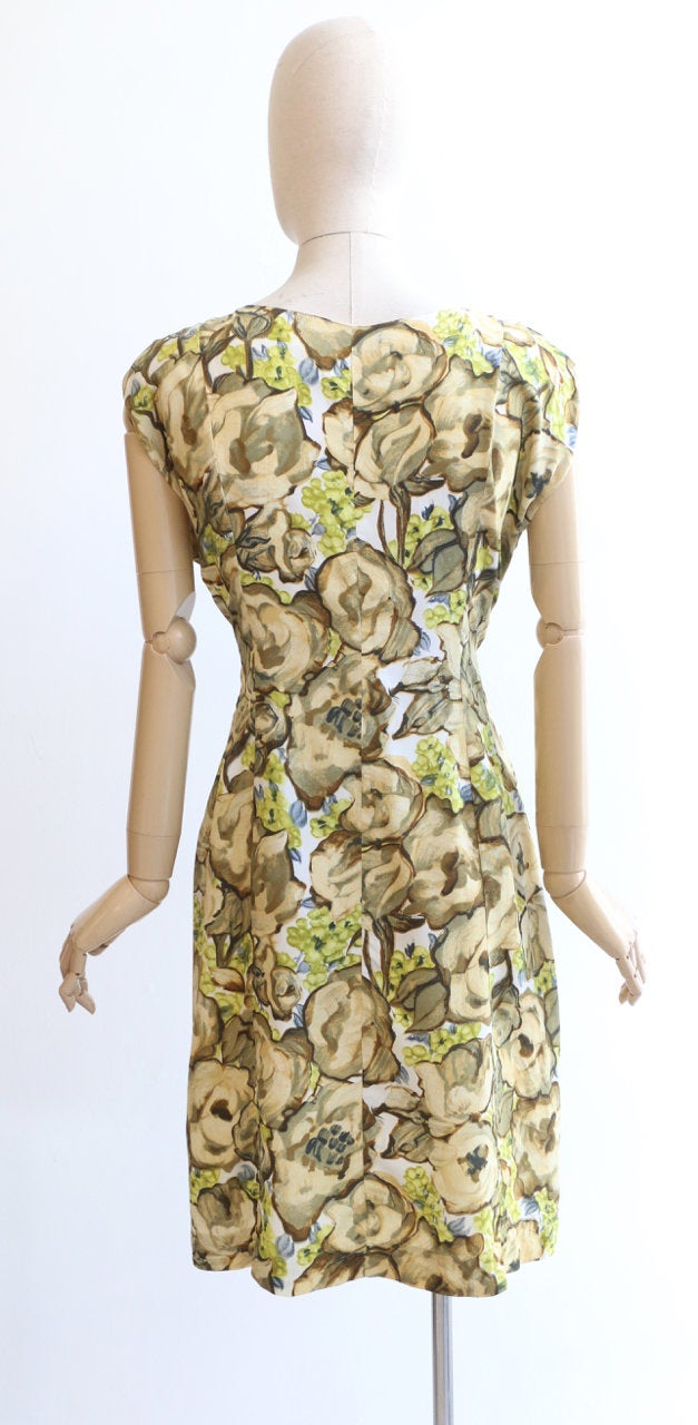 "Spring Fields" Vintage 1950's Yellow & Green Floral Silk Dress UK 14-16
