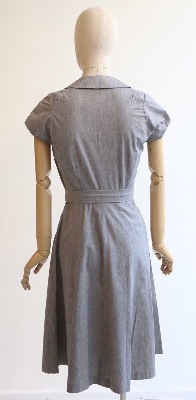 "French Grey" Vintage 1950's French Grey Cotton Dress UK 6-8