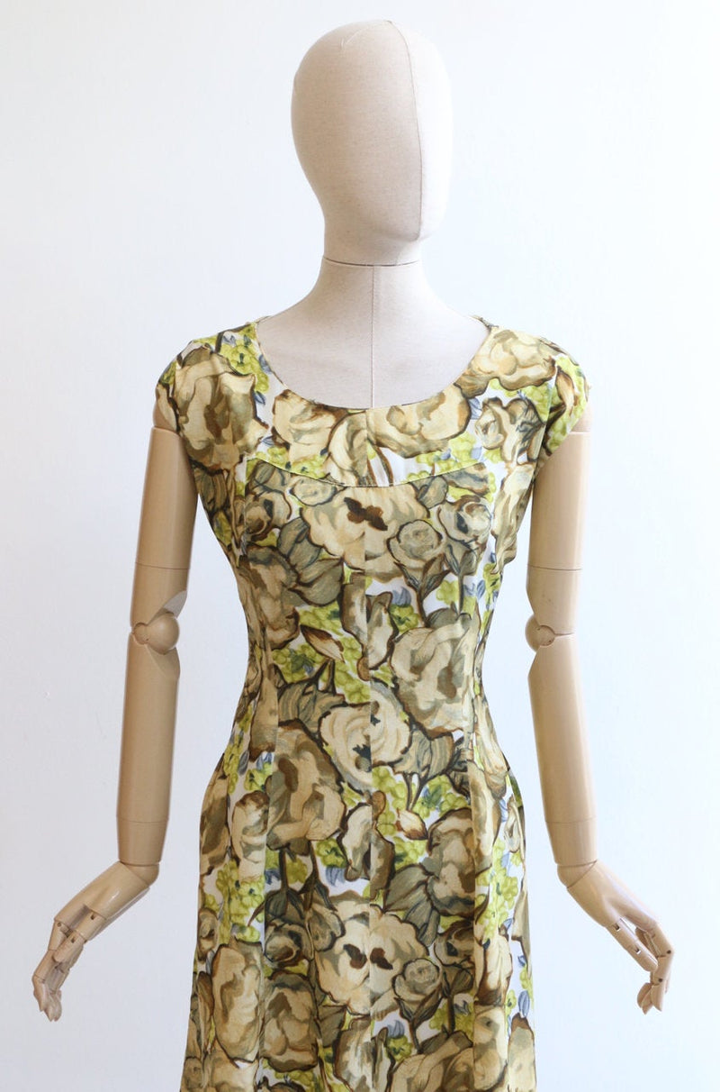 "Spring Fields" Vintage 1950's Yellow & Green Floral Silk Dress UK 14-16