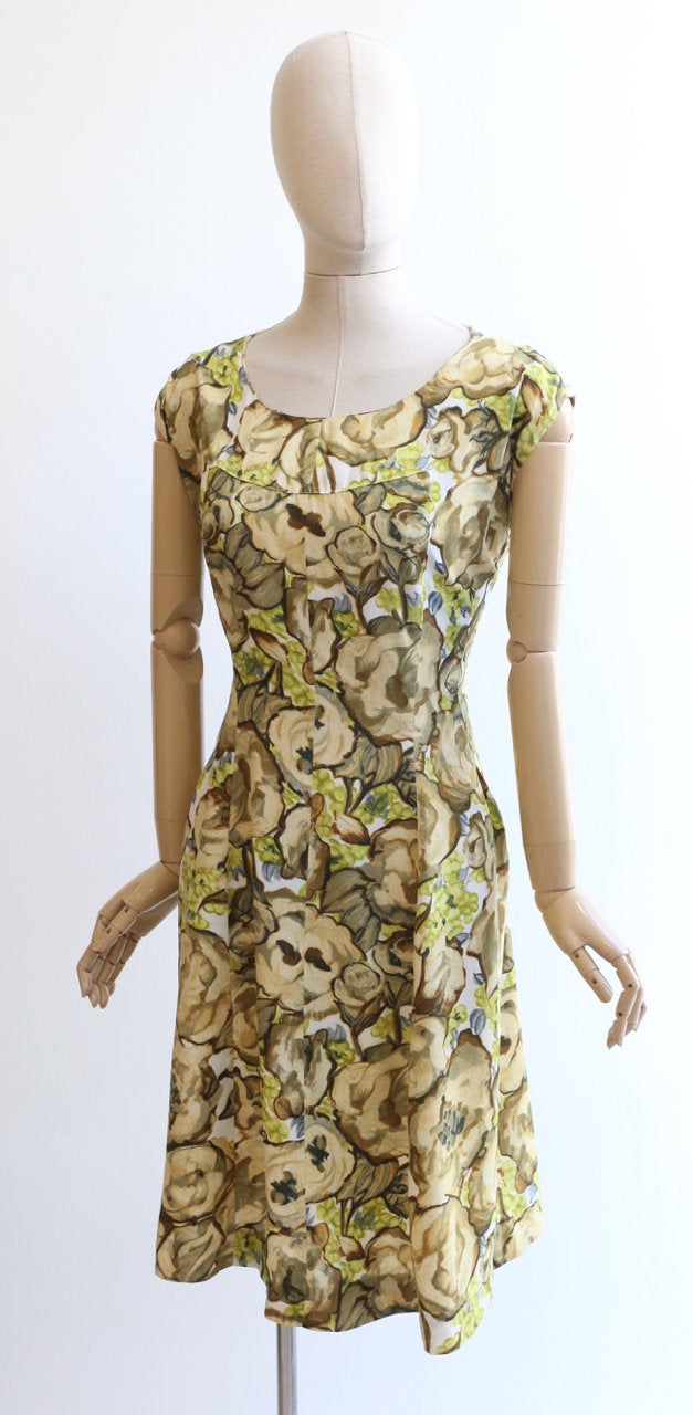 "Spring Fields" Vintage 1950's Yellow & Green Floral Silk Dress UK 14-16