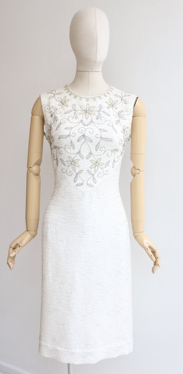 "Sequin Flowers" Vintage 1960's Ivory Silk Floral Beaded Wiggle Dress UK 8-10