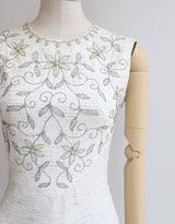 "Sequin Flowers" Vintage 1960's Ivory Silk Floral Beaded Wiggle Dress UK 8-10