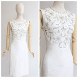 "Sequin Flowers" Vintage 1960's Ivory Silk Floral Beaded Wiggle Dress UK 8-10