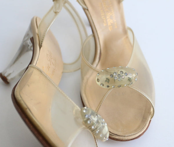 "Palter Deliso" Vintage 1950's Rhinestone & Lucite Sling Back Peep Toes UK 5