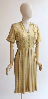 "Sage & Yellow" Vintage 1940's Yellow & Sage Silk Pleated Dress UK 12-14