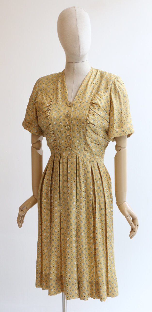 "Sage & Yellow" Vintage 1940's Yellow & Sage Silk Pleated Dress UK 12-14