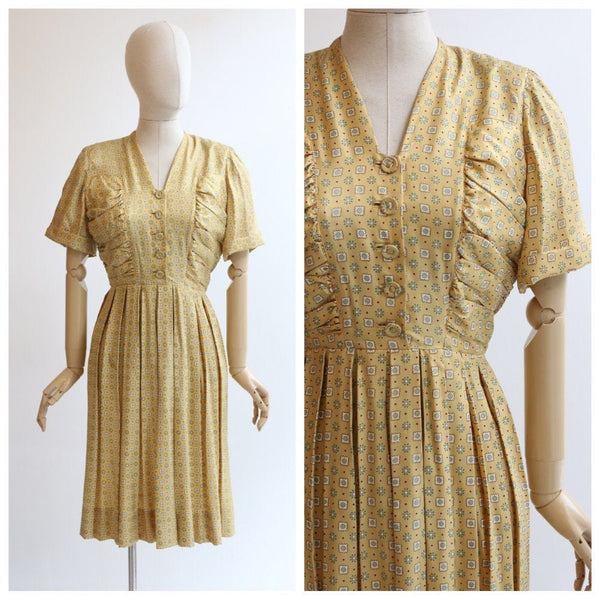 "Sage & Yellow" Vintage 1940's Yellow & Sage Silk Pleated Dress UK 12-14