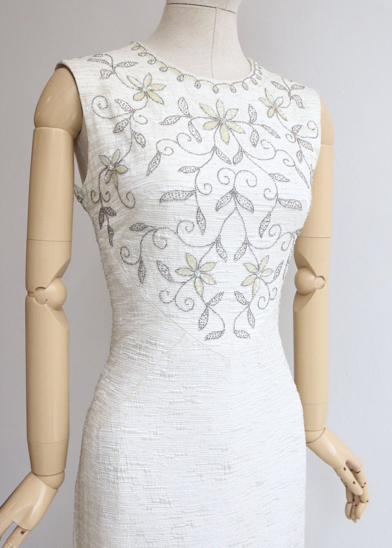 "Sequin Flowers" Vintage 1960's Ivory Silk Floral Beaded Wiggle Dress UK 8-10