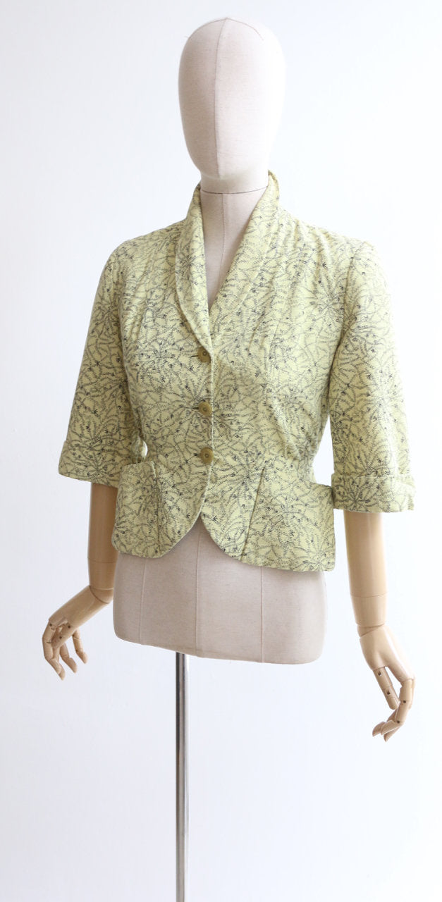 "Cheyenne" Vintage 1950's Yellow Abstract Pattern Fitted Jacket UK 10