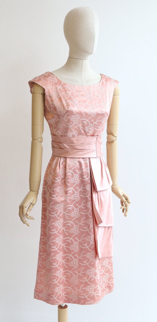 "Satin & Embroidery" Vintage 1950's Pink Satin Embroidered Dress UK 8-10