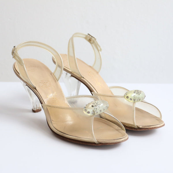 "Palter Deliso" Vintage 1950's Rhinestone & Lucite Sling Back Peep Toes UK 5