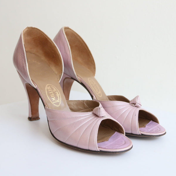 "Lilac Peep Toes" Vintage 1940's Pearlised Lilac Leather Peep Toe Heels L Miller UK 5 EU 38 US 7