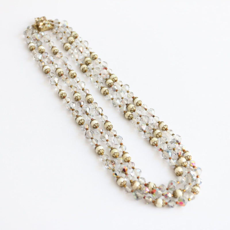 "Iridescent Glass & Pearls" Vintage 1950's Mutli-strand Iridescent Glass & Pearl Beaded Necklace