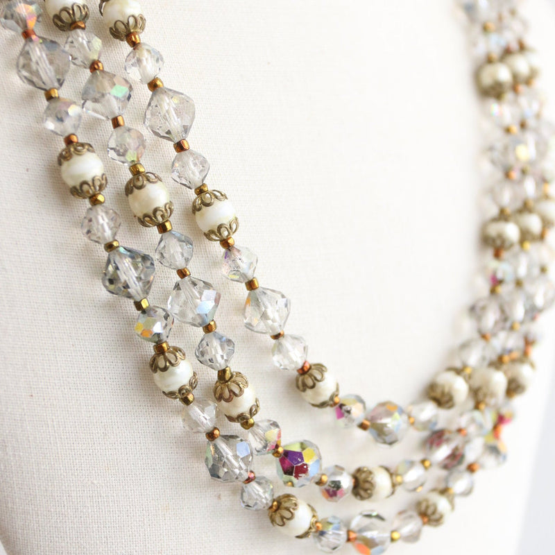 "Iridescent Glass & Pearls" Vintage 1950's Mutli-strand Iridescent Glass & Pearl Beaded Necklace