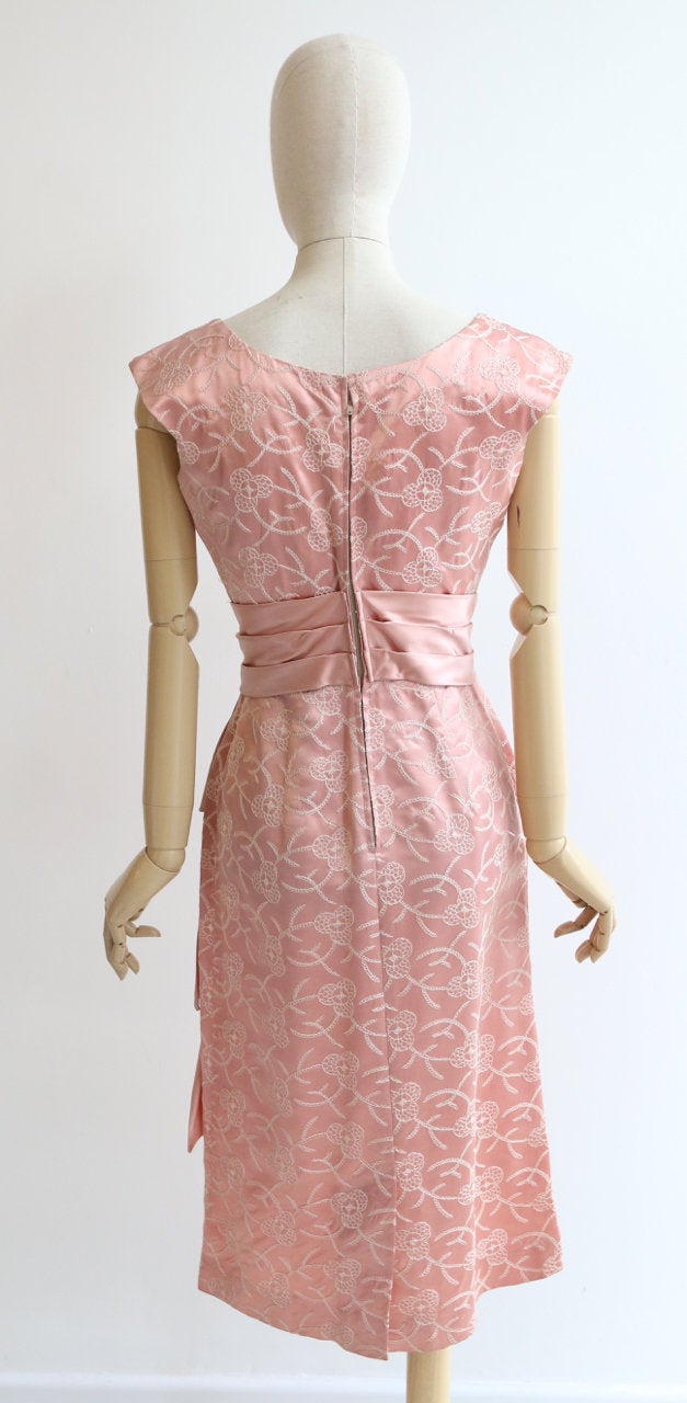 "Satin & Embroidery" Vintage 1950's Pink Satin Embroidered Dress UK 8-10