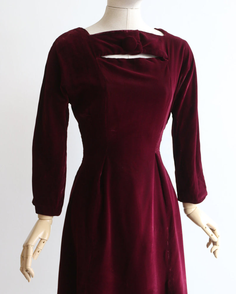 "Red Wine Velvet" Vintage 1950's Red Wine Velvet Dress UK 8 US 4